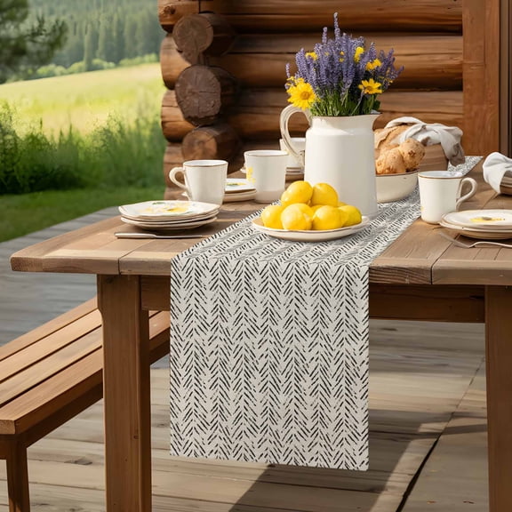 Brown Herringbone Art Table Runner 13x72in Non-Slip Cotton Linen Table Runners, Abstract Geometric Striped on Linen Dresser Scarves TableRunner for Dinner Kitchen Dining Wedding Party