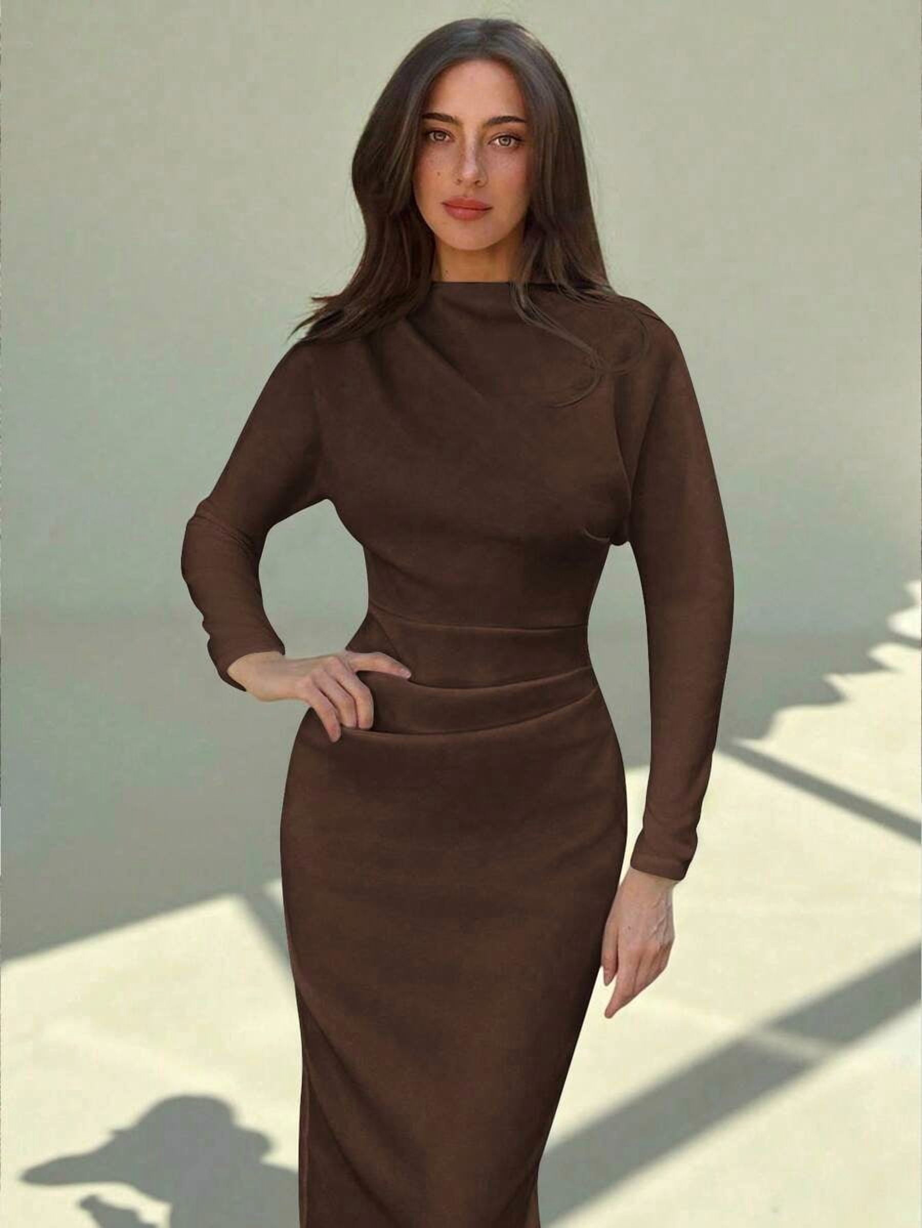 high neck brown midi dress High-Neck Long Sleeve For Women, Fitted Sheath Style Office Elegant from shoulder to hem evening-dress White House Black Market Color:Pink Blue Tie Dye