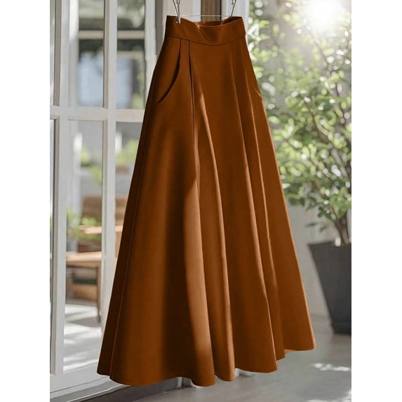 Brown High Waist A-Line Flowing Midi Skirt For Women