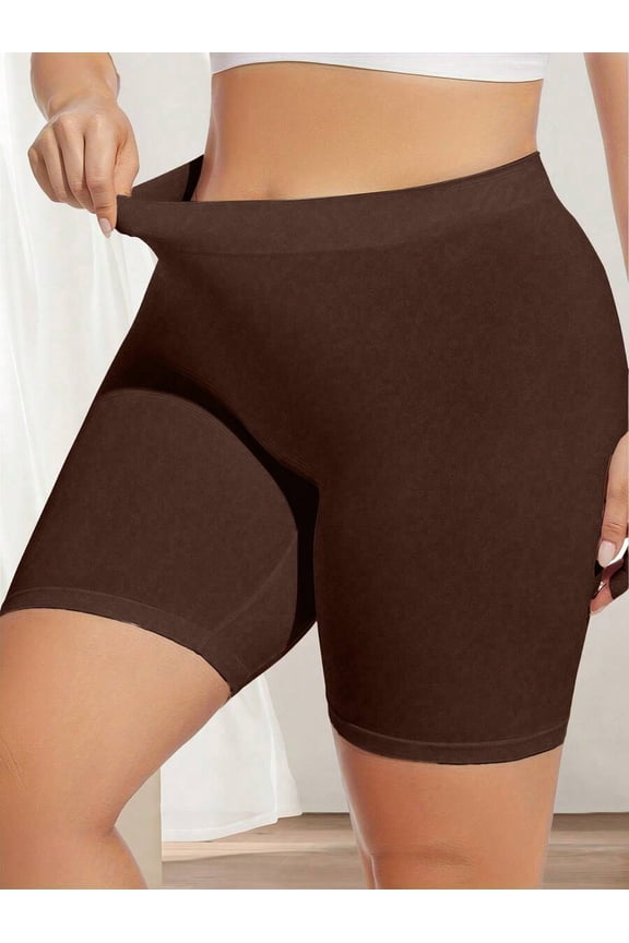 Brown High Waisted Plus Size Shapewear Shorts - Seamless Compression Athletic Bottom
