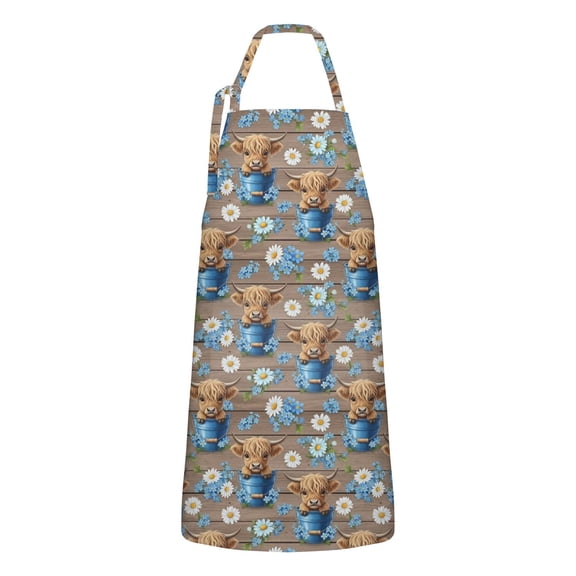 Brown Highland Cow Blue Bucket Flower Apron-Garden Aprons for Women with Pockets-Cotton Linen Waterproof Kitchen Cooking Gardening Aprons Adjustable for Kitchen,Cooking,BBQ and Salon 33x27 Inch