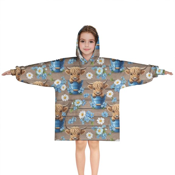 Brown Highland Cow Blue Bucket Flower Pattern Blanket Hoodies for Kids 6-13YR Oversize Wearable Blanket Hoodies for Boys Girls Teens