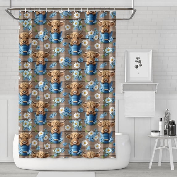 Brown Highland Cow Blue Bucket Flower Pattern Shower Curtain 72"x72" ,Bathroom Decorative Shower Curtains Set with 12 Hooks,Modern Waterproof Washable Shower Curtain
