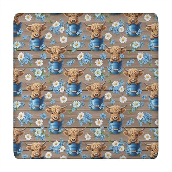 Brown Highland Cow Blue Bucket Flower Pattern Square Fitted Tablecloth with Elastic Edge,Square Table Cover,Washable Elastic Table Cover for Home Kitchen Party Decor 34"x34"