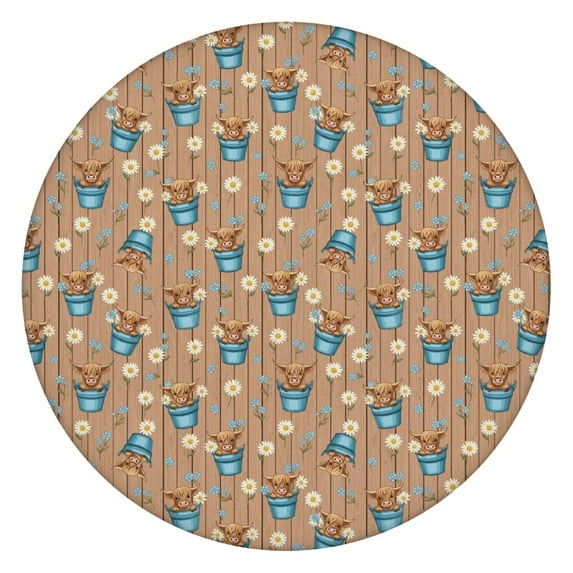 Brown Highland Cow Bucket Flower Pattern Round Fitted Tablecloth with Elastic Edge,Dining Table Cover Waterproof,Outdoor Round Tablecloth for Camping,Dining,Indoor and Outdoor