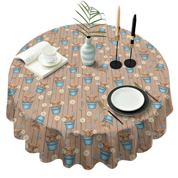 Brown Highland Cow Bucket Flower Pattern Round Tablecloth 60"x60",Wrinkle Wipeable Table Cloth for Kitchen Dining Room Picnic Patio Party