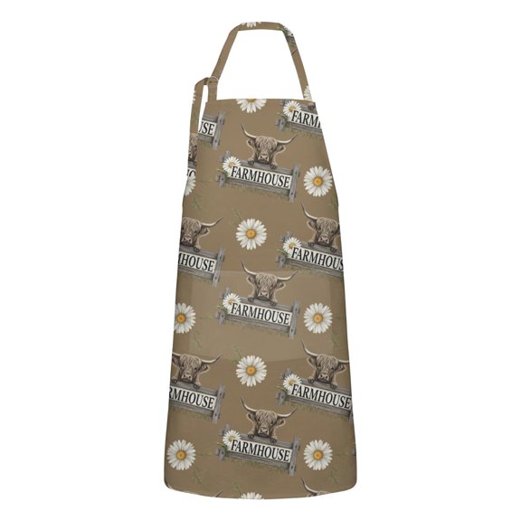 Brown Highland Cow Daisy Farmhouse Pattern Apron-Garden Aprons for Women with Pockets-Cotton Linen Waterproof Kitchen Cooking Gardening Aprons Adjustable for Kitchen,Cooking,BBQ and Salon 33x27 Inch