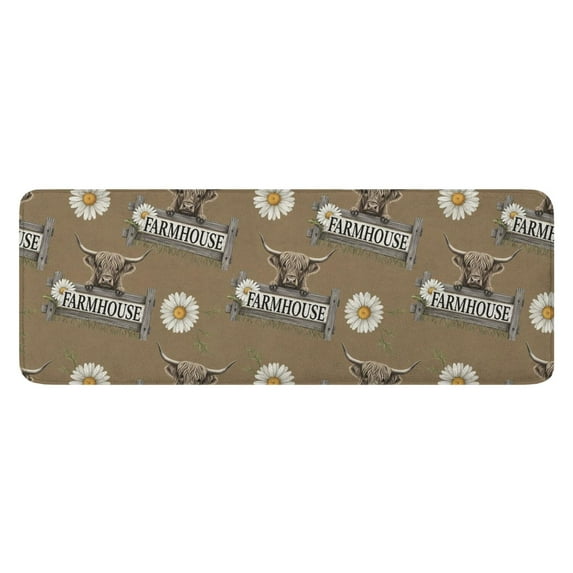 Brown Highland Cow Daisy Farmhouse Pattern Kitchen Rug Mat,Kitchen Runner Rugs Non Skid Washable,Decorative Kitchen Floor Mats for Kitchen,Sink,Laundry,17"x47.2"