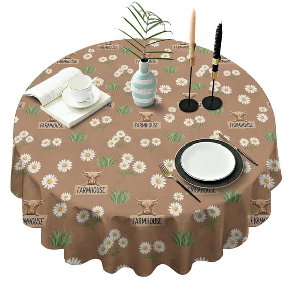 Brown Highland Cow Flower Grass Pattern Round Tablecloth 60"x60",Wrinkle Wipeable Table Cloth for Kitchen Dining Room Picnic Patio Party