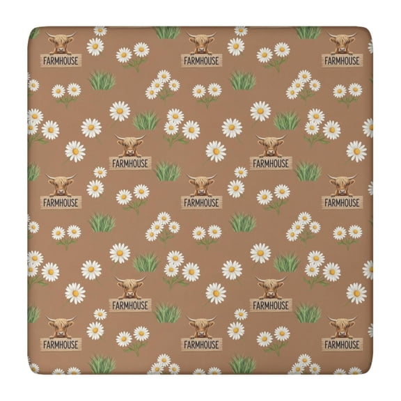 Brown Highland Cow Flower Grass Pattern Square Fitted Tablecloth with Elastic Edge,Square Table Cover,Washable Elastic Table Cover for Home Kitchen Party Decor 36"x36"