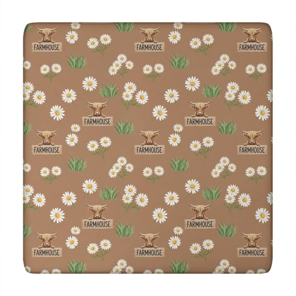 Brown Highland Cow Flower Grass Pattern Square Fitted Tablecloth with Elastic Edge,Square Table Cover,Washable Elastic Table Cover for Home Kitchen Party Decor 34"x34"