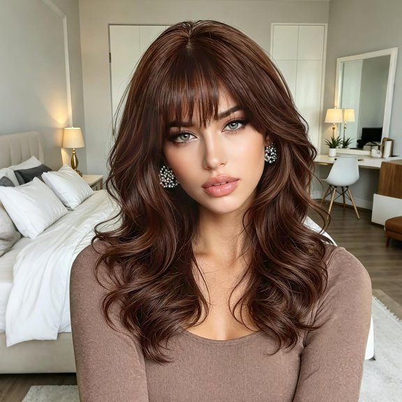 Brown Highlight 18 Inch Wavy Wig with Bangs for Women, Synthetic Fiber, 4x4 Lace, Face-Framing Layers
