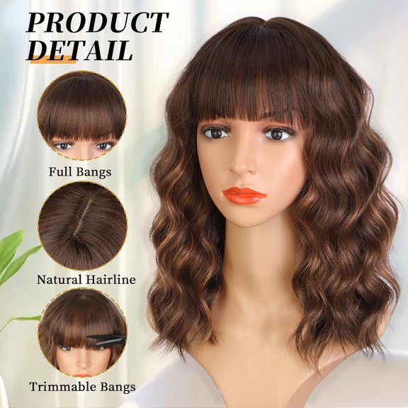 Brown Highlights Wigs with Bangs Short Wigs for Women Bob Curly Wavy Hair Shoulder Length Synthetic Wig Natural Wigs for Cosplay Daily Use Brown Highlights