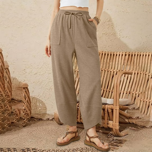 Brown Hiking Pants Women Ladies' Casual Solid Color Cotton Sweatpants with Pockets Crossed Cuffs Loose Straight Leg Haren Cropped Pants