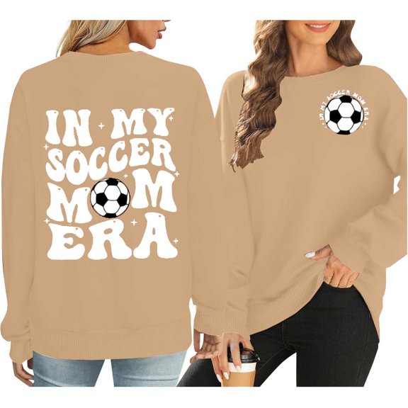 Brown Hoodies for Women Soccer Mom Sweatshirt Women Funny In My Soccer Mom Graphic Shirts Fall Football Mama Long Sleeves Tops Fall Outfits for Women 2024