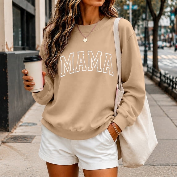 Mama Sweatshirts for Women Embroidered Mama Shirt Oversized Mom Crewneck Pullover Long Sleeve Casual Tops