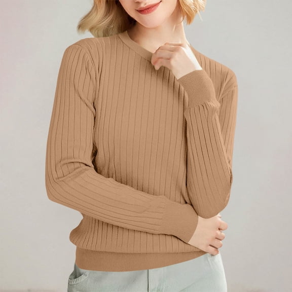 Brown Hoodies for Women'S Autumn and Winter Round Neck Stripe Bottoming Shirt Fashion Versatile Sweater Solid Soft Sweater Fall Tops for Women 2025