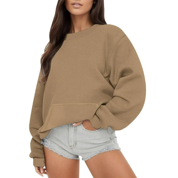 Brown Hoodies for Women'S Solid Color Round Neck Oversized Sweatshirt Loose Fit Long Sleeve Light Sweatshirt Loose Blouse Fall Tops for Women 2025