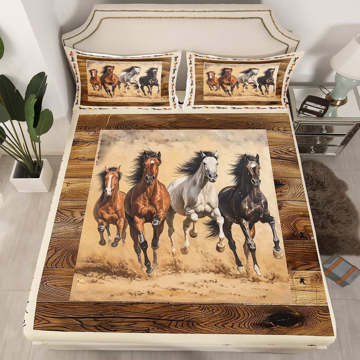 Brown Horse Bed Sheets Full Size for Boys Girls Western Farmhouse
