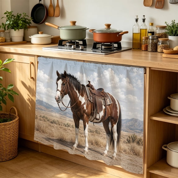 Brown Horse Cabinet Curtains for Kitchen 35"W x 35"L, Western Rustic Country Sand Desert Mountain Wildlife Laundry Sink Cabinets Magic Tape Short Curtain Privacy Panel for Bathroom Vanity Cabinets