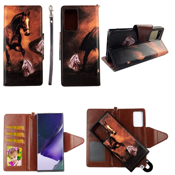 Brown Horse Case for Samsung Galaxy Note 20 Ultra Magnetic Detachable Pu Leather Wallet Cover FLap Closure and Snap-on Book Style Cases Card Holders Wrist Strap 2 in 1 Folio