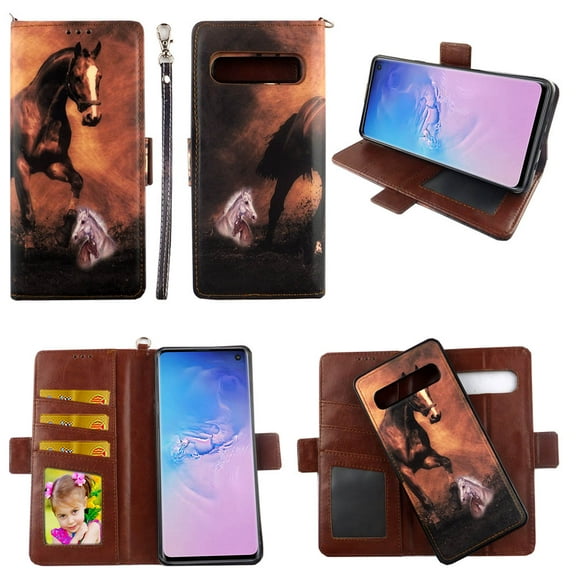 Brown Horse Case for Samsung Galaxy S10 (6.1) S 10 Magnetic Detachable Pu Leather Wallet Cover Flap Closure and Snap-on Book Style Cases Card Holders Wrist Strap 2 in 1 Folio Flip