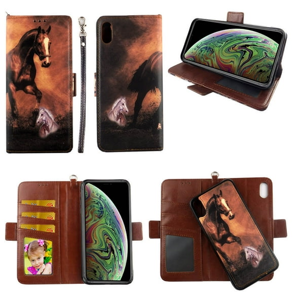 Brown Horse Case for iPhone X / XS / X10 Magnetic Detachable Pu Leather Wallet Cover with Flap Closure and Snap-on Book Style Cases with Card Holders Wrist Strap 2 in 1 Folio Flip Covers