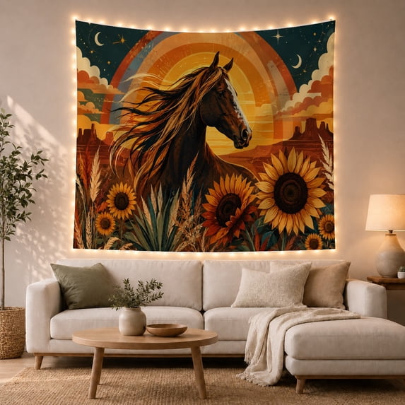 Brown Horse in Desert Buttes Beneath Crescent Moons, Whimsical Vintage for Horse Lovers, Western Wall Art, Housewarming Gift, Tapestry Wall Hanging for Bedroom and Den