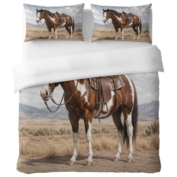 Brown Horse Full Duvet Cover Set, Western Rustic Country Sand Desert Mountain Wildlife Decorative 3 Piece Bedding Set with Zipper Closure Soft Breathable Microfiber Comforter Cover & 2 Pillowcases