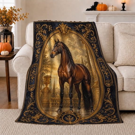 Brown Horse Portrait in Gold Oval Frame with Baroque Scrollwork, Elegant Equestrian Artwork for Horse Lovers, Cozy Flannel Blanket for Bedroom and Living Room, Birthday Gift, Home Decor
