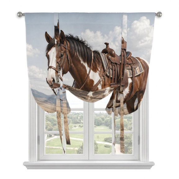Brown Horse Tie Up Balloon Window Curtain 42W x 54L Inch, Western Rustic Country Sand Desert Mountain Wildlife Rod Pocket Adjustable Tie Up Curtains Small Kitchen Sink Curtains for Cafe Bedroom