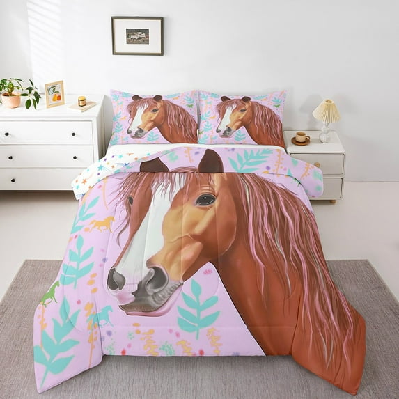Brown Horse Bedding Set,Western Horse Animal Comforter Set Women,Purple Cowgirl Bedding Comforter Sets,Rustic Botanical Leaves Bed Set,Reversible
