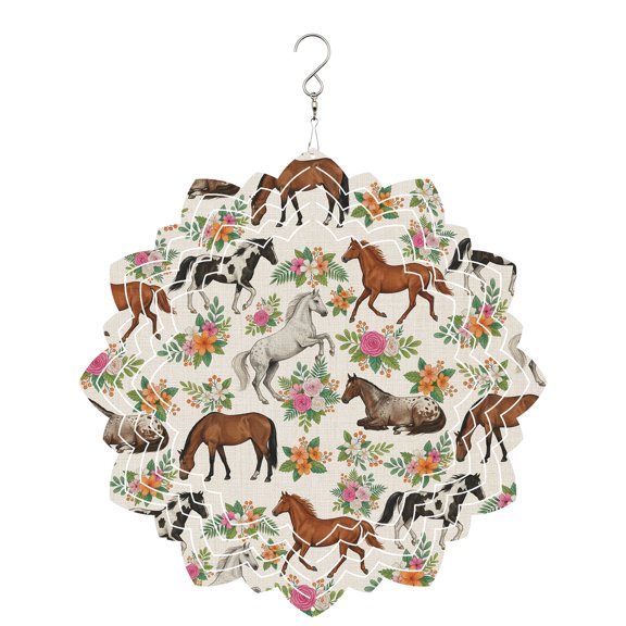 Brown Horses Animal Wind Spinner for Garden Yard 8In, Orange Pink Flower Roses Leaf Beige 3D Stainless Steel Kinetic Hanging Wind Spinners Rustproof Outdoor Decor for Lawn Patio Home