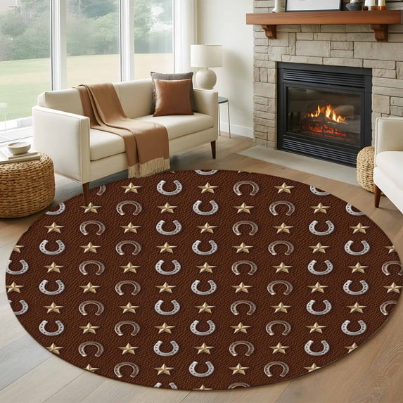Brown Horseshoe Round Area Rug 7Ft Washable Circle Rugs for Dorm Laundry Room, Western Country Star Vintage Non-Slip Carpet Floor Mats Indoor Outdoor Carpet Runner Aesthetic Home Decor