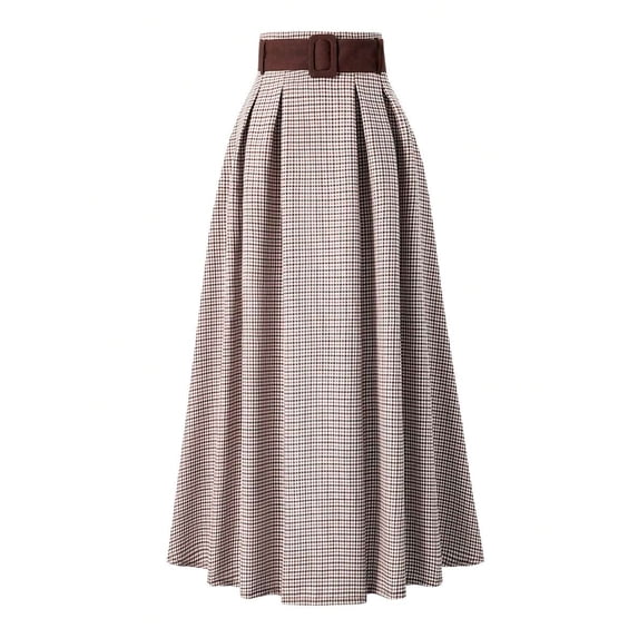 Brown Houndstooth A-Line Pleated Skirt With Belted Waist