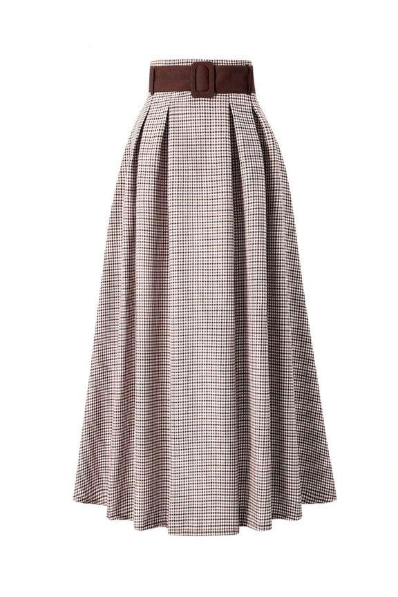 Brown Houndstooth A-Line Pleated Skirt With Belted Waist