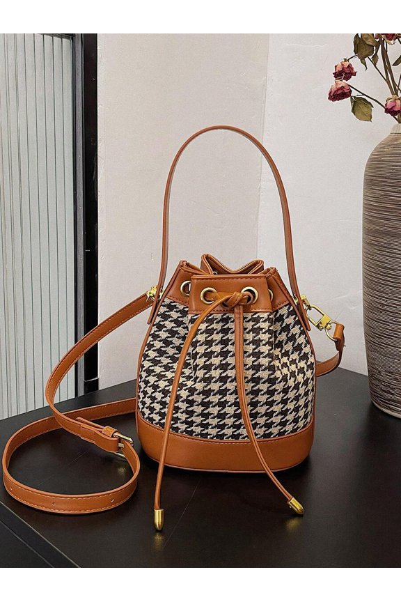 Brown Houndstooth Canvas And Faux Leather Bucket Handbag With Drawstring