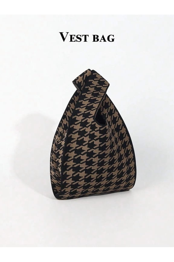 Brown Houndstooth Knotted Handle Vest Bag, Foldable Lightweight Open-Top