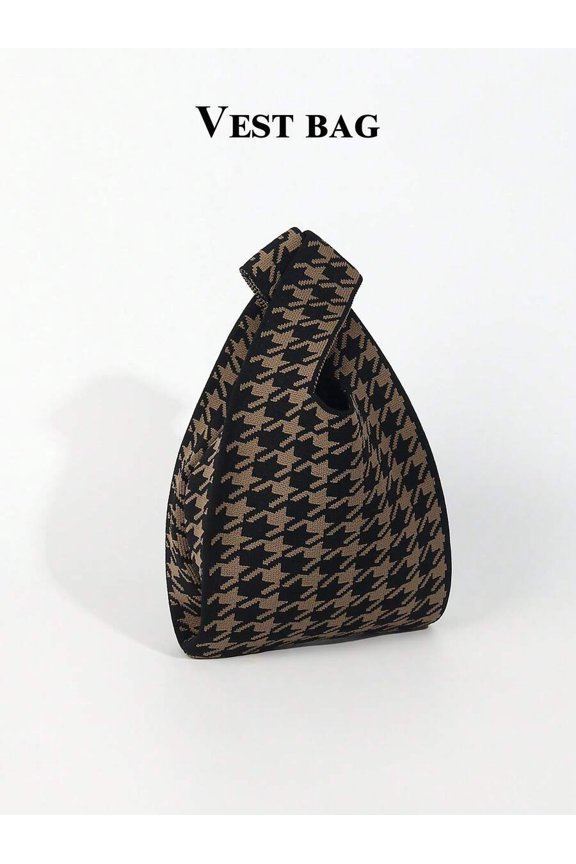 Brown Houndstooth Knotted Handle Vest Bag, Foldable Lightweight Open-Top