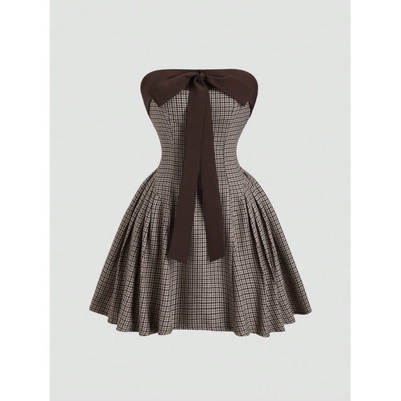 Brown Houndstooth Strapless Bowknot Fit & Flare Mini Dress