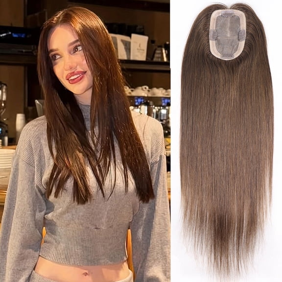 Brown Human Hair Toppers for Women 16Inch Straight Clip In Hairpiece Mono Base Full Head Remy Hair Topper for Thin Hair