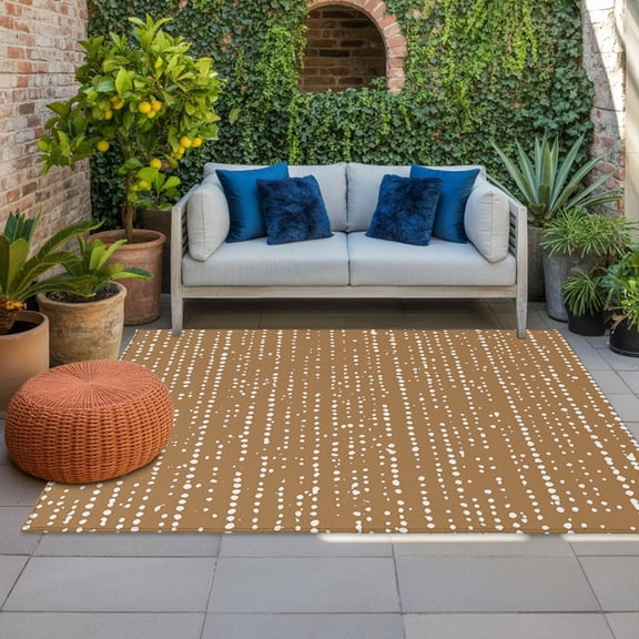 Brown Indoor Outdoor Rugs 6x9 Ft, White Dots and Lines Fiber Abstract Art Minimalist Outdoor Patio Rugs Mat Washable Outside Area Rugs Carpet for Porch Deck RV Camping Pool Balcony Backyard