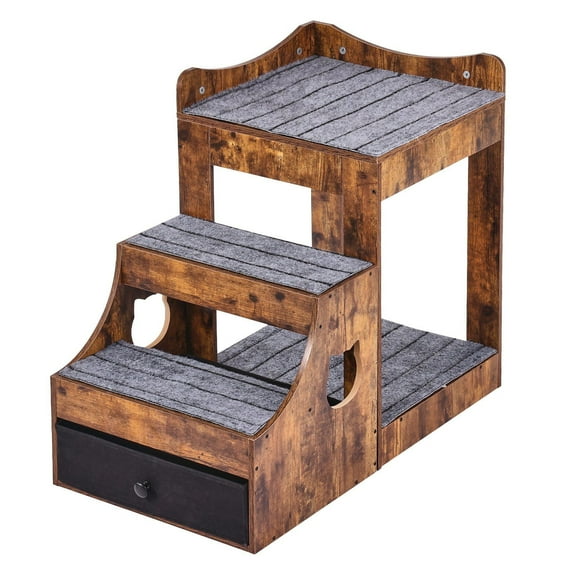 Pet Bunk Bed with Stairs and Storage – Indoor Cat/Dog Window Perch, Brown