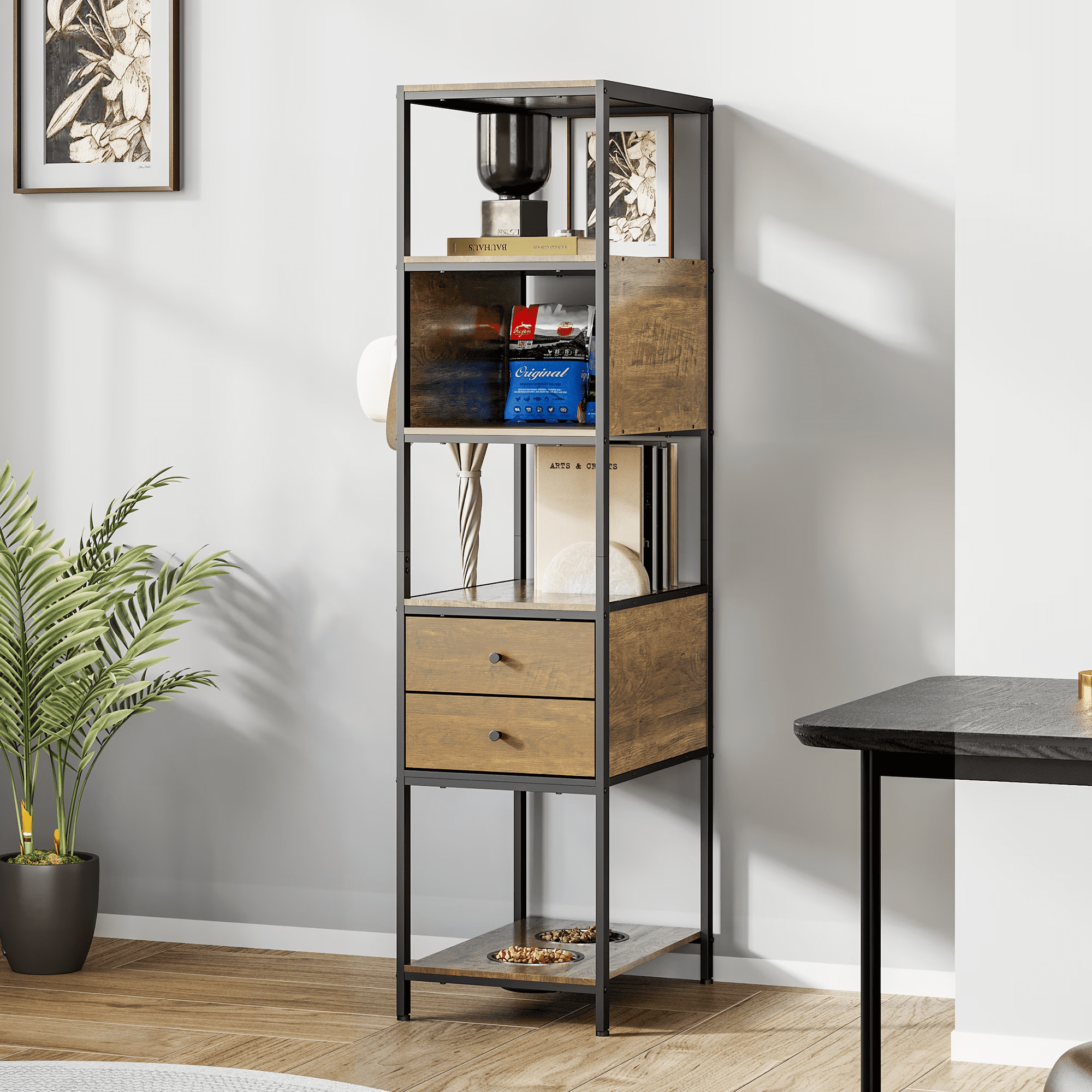 Brown Industrial Bookshelf with 2 Dog Bowls, Metal Wood Standing Display Shelf, Multi-Functional Dog Feeder Station Storage Rack for Living Room Study