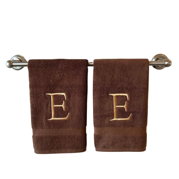Brown Initial Hand Towel for Bathroom - Monogrammed Luxury Hotel Quality Decorative Towel - GOTS Organic Certified - Set of 2 Beige Letter E