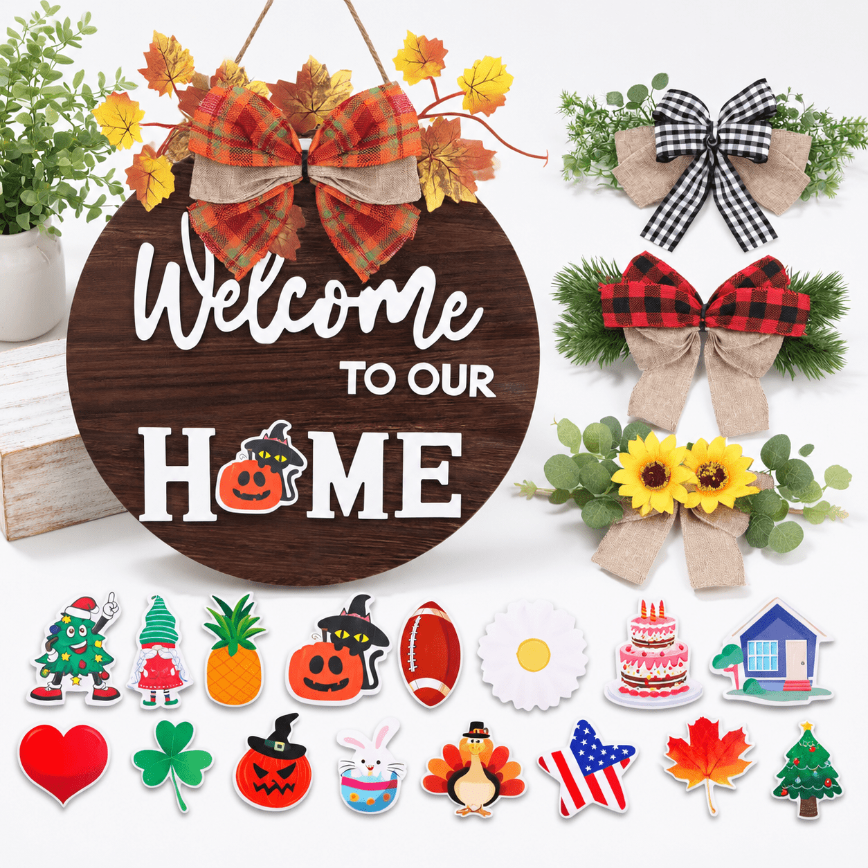 Brown Interchangeable Seasonal Welcome Sign With 4 Wreaths and 16 ...