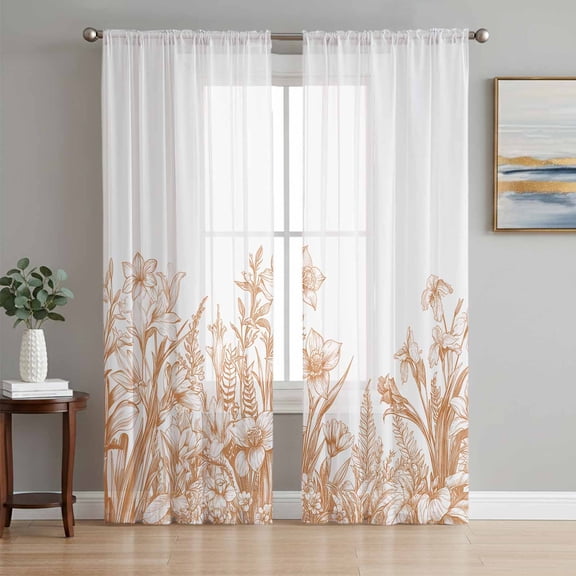 Brown Iris Flower Lavender on White Chiffon Sheer Curtains 84 Inches Long, Country Plants 2 Rod Pocket Window Treatment Voile Drapes Curtains for Living Room Bedroom,2 Panels, 52x84In