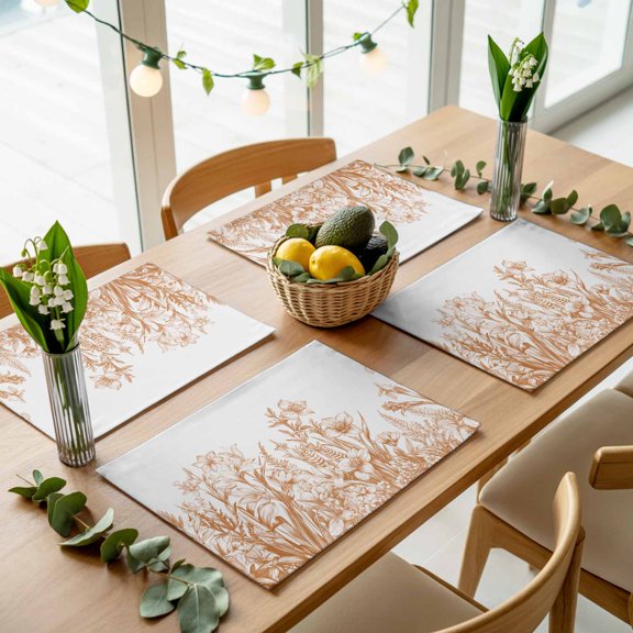 Brown Iris Flower Lavender on White Placemats Set of 4,Wipeable Washable Table Mats for Dining Tables, Country Plants Place Mats for Kitchen Event Party Tabletop Decor