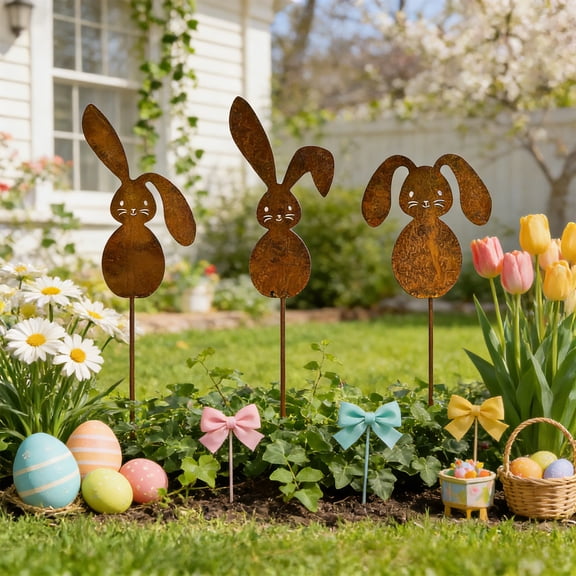 Brown Iron Garden Flower Pot Decor, Outdoor Courtyard Insert Wrought Iron, Easter Garden Stake for Flower Bed Decor