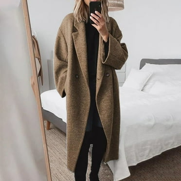 Brown Jackets for Women's Winter Double Breasted Wool Coat Long Sleeve Notch Lapel Long Trench Coat Womens Streetwear